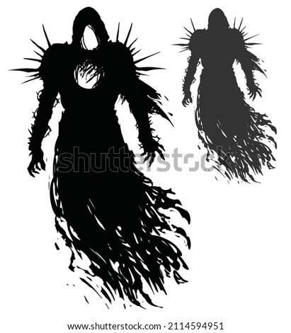A sinister black silhouette of a hooded flying spirit in spiked armor with a round hole in his chest hovers in the air, his clawed fingers tense and a ragged cloak flutters in the wind. 2d art Stock foto © 