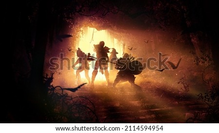 A group of adventurers, a woman warrior with an axe, a gnome with a shield, an elf archer and a wizard are standing at the entrance to a dark, sinister dungeon with thickets bones and bats. 2d art Сток-фото © 