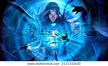 A handsome, long-haired young wizard with sky-blue glowing eyes in a long robe splits the sword into many sharp fragments with blue spiral magic, creating streams of energy with his hands 3d rendering Foto stock © 