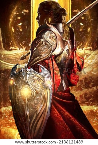 An incredibly beautiful warrior woman on a golden background, she is a high elf in elite plate armor with red vintage fabric, has a beautiful shield with patterns and magic stones and a sword. 2d art Foto stock © 