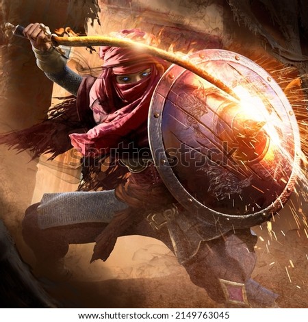 A charming Arab warrior woman with blue eyes, she stands in a fighting stance in the middle of a sandy temple, scratching her shield with fiery sword, hiding her face under a turban mask. 3d rendering Foto stock © 