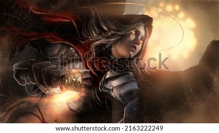 A beautiful touching girl with a cute Asian face, she is a black angel with golden hair in a hood, she presses a fist with soul sand to her chest, her face is scarred and golden tears. 3d rendering Foto stock © 