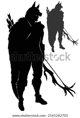The black silhouette of a tall forest hunter or huntsman in a wolf mask with a huge bow and arrows, he stands proudly dressed in skins. 2d art