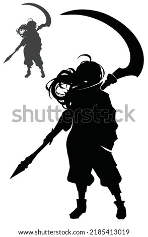 The black silhouette of a boy with long hair fluttering in the wind and a huge braid is bigger than him, he is wearing a windbreaker jacket and breeches. 2d anime art