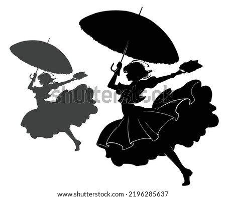 A black silhouette with a cheerful girl in a fluffy dress with a briefcase and an umbrella, she runs as if hovering with unprecedented ease in a dynamic pose. 2d anime art
