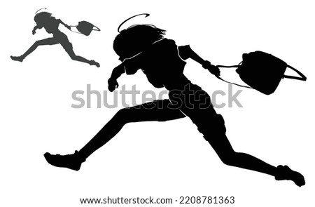 A black silhouette of a girl in a dynamic jumping pose, she is an anime character with a briefcase in her hand running away from her pursuers jumping over a cliff. 2d vector art