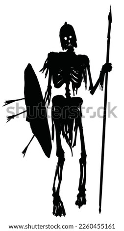 A black silhouette with a terrible skeleton of a warrior peeled to the bones, in his hands shield and a spear, he stands with his head hanging to one side with bare bones and rags 2d art
