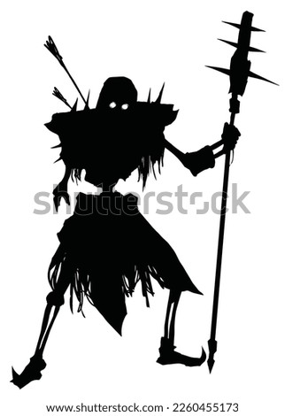 A black silhouette with a creepy skeleton of a warrior peeled to the bones, a huge spiked mace in his hand, he stands crookedly with bare bones and rags on his belt 2d vector art