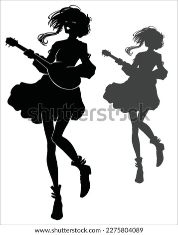 The black silhouette of a cute girl happily bouncing and dancing while playing the lute, she is a bard wanderer in a dress happily singing her songs with a smile 2d anime art