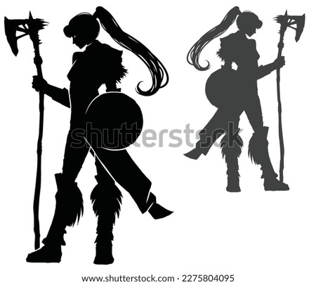 black silhouette with a beautiful warrior woman, she is a barbarian with a long bone halberd and a buckler shield on her arm, proudly stands with a long tail on her head 2d art with a girl in profile
