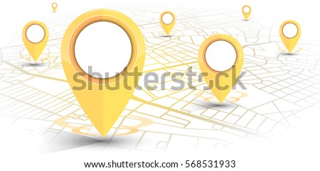 GPS.navigator pin yellow color mock up with map on white background. vector illustration