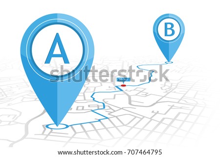 GPS navigator pin checking point A to point B on street map with distance pointer. vector illustration