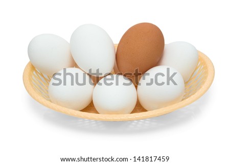 Plastic basket with eggs isolated on white backgroud