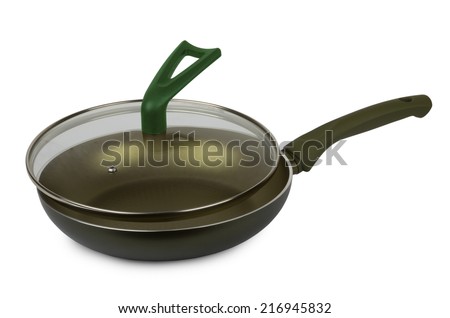 Frying pan with ceramic coating and glass lid isolated on white background