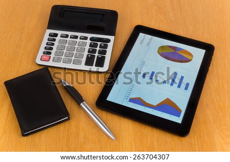 Calculator, tablet computer with chart and graphs, notepad on table