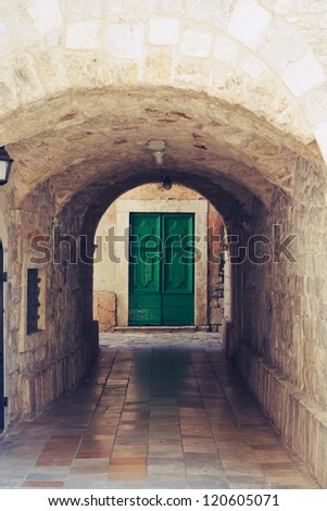 Old castle interior and a green door in the end