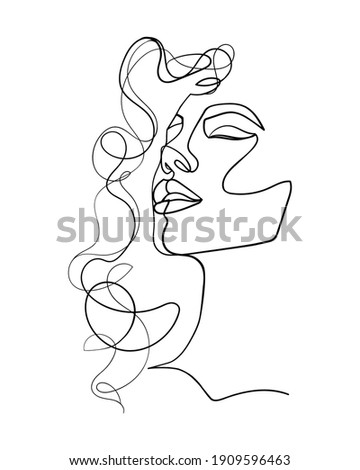 One line drawing face and hair. Abstract woman portrait.  Modern minimalism art. - Vector illustration