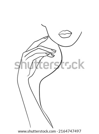 Minimal line art woman with hand on face. Black Lines Drawing. - Vector illustration