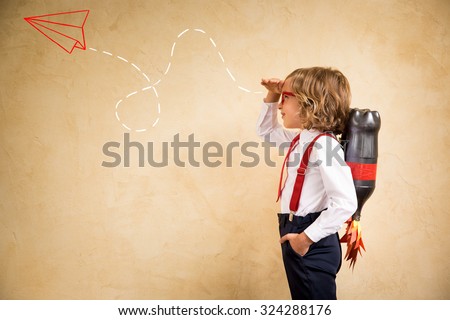 Portrait of young businessman with jet pack in office. Success, creative and innovation technology concept. Copy space for your text
