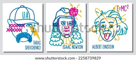 Poster color line illustration of famous people, Albert Einstein, Isaak Newton, Taras Shevchenko