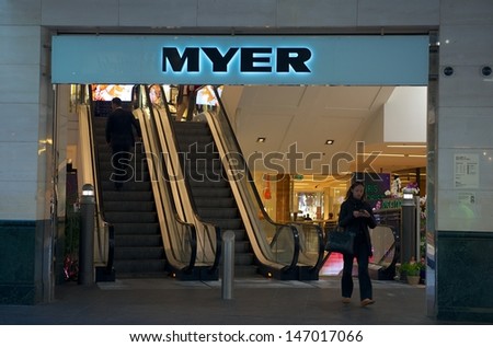 SYDNEY - JULY 11: MYER Sydney City Pitt Street entrance on July  11, 2013 in Sydney, Australia. Myer  is Australia\'s largest department store chain, retailing a broad range of merchandise.