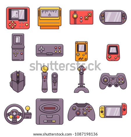 Set of video game home and portable consoles, gamepads, joysticks, joypads, controllers and other gaming accesories in thin outline design. Collection of flat color line icons related to videogames. 