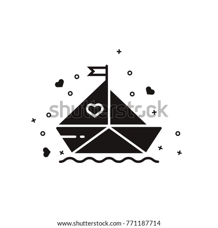 Paper boat with sails black silhouette. Romantic illustration in material design for Valentine's Day celebration, wedding and engagement events, online chat services. Love trip symbol.