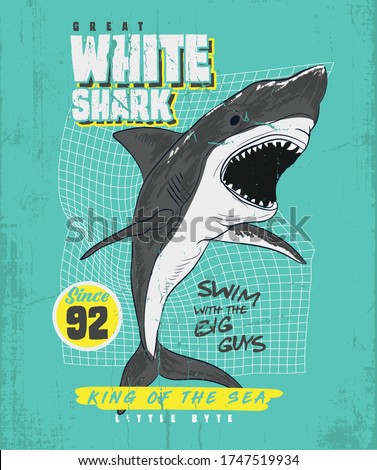 Great White Shark Tee Design. Wild Sea Typography Graphics. T-shirt Printing Design for sportswear apparel. CA original wear. Concept in sea graphic style for print production Vector Shark Surfing.  