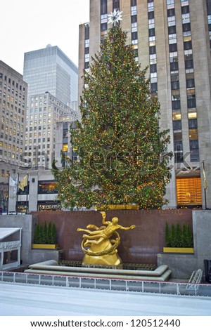 NEW YORK - NOVEMBER 30: A view of the world famous Rockefeller Center Christmas tree and skating rink on November 30, 2012 in New York City.