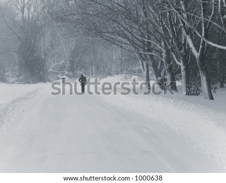 This is a blue duo-tone shot of a person walking down a country road during a snow storm.