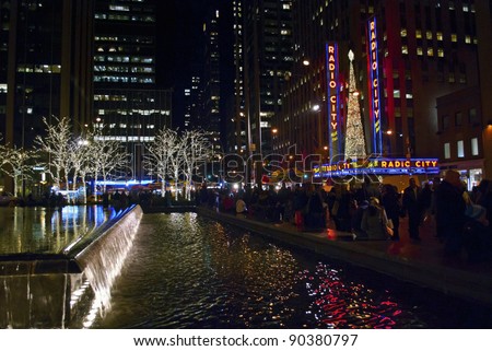 NEW YORK-DEC 2 : A night view of the decorations near Radio City Music Hall in Rockefeller Center on December 2, 201. Rockefeller Center is located between 48th and 51st streets in Manhattan.