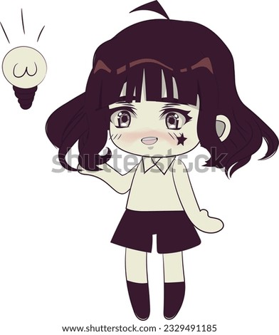 Cute chibi girl with short dark haier. Original retro style character