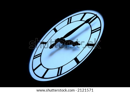 clockface on black background, with shadows, time is five after three