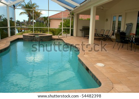 wide angle view of screened in pool and lanai in florida with sitting area