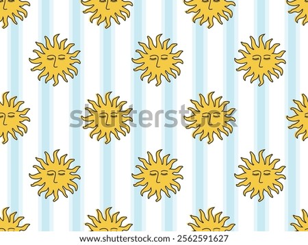 SEAMLESS DOODLE SUN ON STRIPE BACKGROUND. IDEAL NIGHTWEAR, SLEEPWEAR RESORT SHIRT PYJAMAS AND DAYJAMAS. SEAMLESS SUN PATTERN IN VECTOR