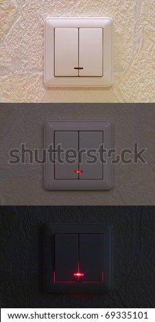 Three kinds of light switch over textured wallpaper