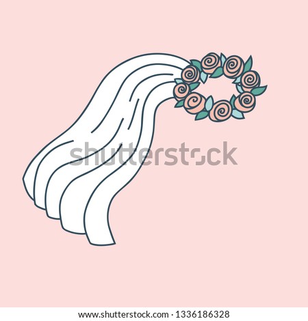 Doodle illustration of wedding bridal veil with rose flower crown. Pastel color palette on pink background. Bachelorette party concept. Invitation card design element.