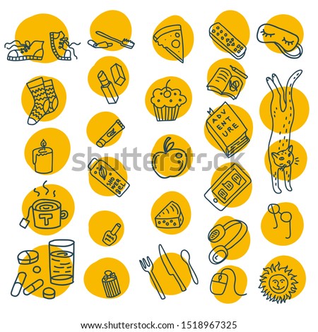 Hand-drawn icon set of everyday objects doodle style. Self-care concept. Food, water, sleep, grooming, social, entertainment needs. Slow life, hygge, cozy objects. Isolated on white.