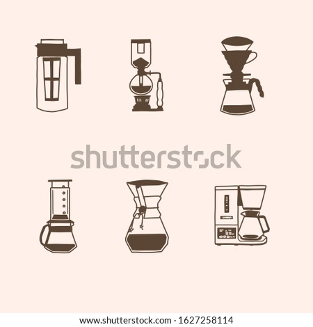 Set of hand-drawn line icons of coffee makers. Alternative coffee brewing methods illustration. Simple design element for branding, website, app.