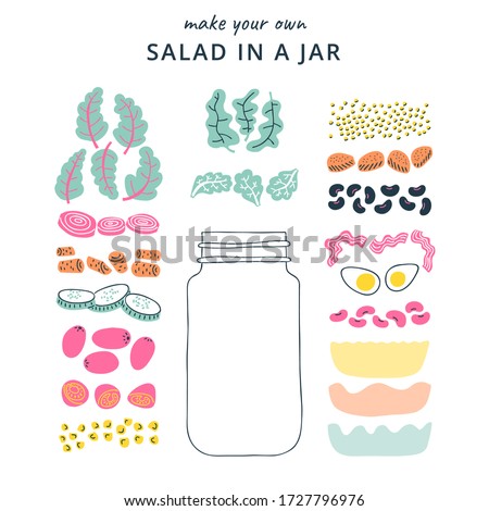 Make your own salad in a jar creation kit. Salad ingredients, empty mason jar. Meal prep, make ahead healthy lunch. Colorful vector elements. Pastel color palette, isolated on white background.