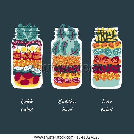 Salads in jars. Buddha bowl, taco salad, cobb salad. Meal prep, make ahead lunch. Colorful hand-drawn vector illustration. Colorful on dark background.