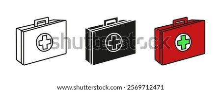 First Aid Kit icon. Med kit box vector illustration. Medicines chest symbol. Emergency kit sign. Hospital treatment suitcase. Health care assistance case pictogram. Red first aid kit concept isolated.