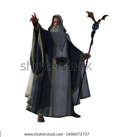 3d illustration white wizard with magic book and staff Сток-фото © 