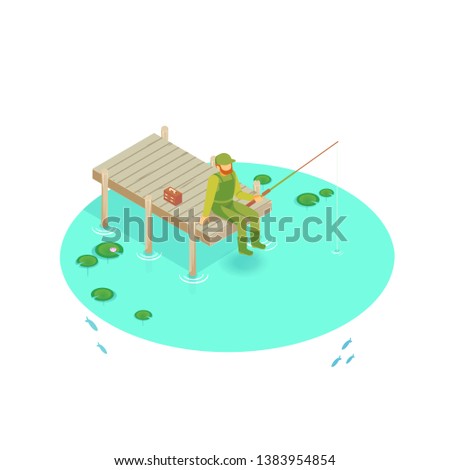 Isometric vector vacation on the lake. Pier on the lake, river, pond. Fisherman fishing on the pier. A man with a fishing rod sitting on the pier.