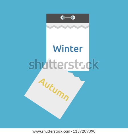 Abstract tear-off calendar with leaf falling and seasons changing from autumn to winter isolated on blue background. Time and change concept. Flat design. Vector illustration. EPS 8, no transparency