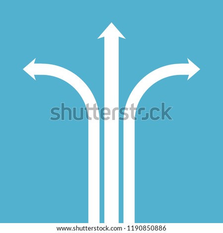 White separation arrow consisting of three ways on blue background. Choice, decision, development and separation concept. Flat design. Vector illustration. EPS 8, no transparency