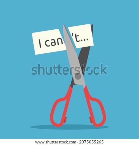 Scissors cutting I can't text. Self confidence, belief, courage, determination, motivation and resolution concept. Flat design. Vector illustration. EPS 8, no gradients, no transparency 商業照片 © 
