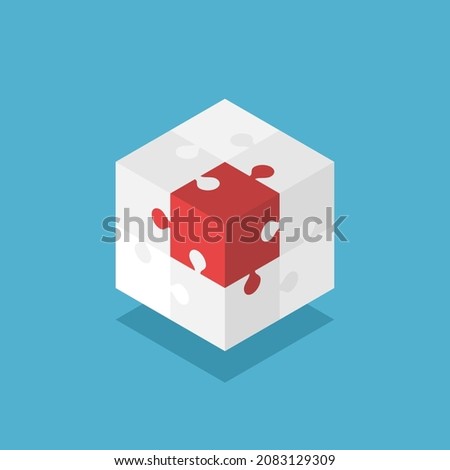 Isometric cube with unique puzzle piece. Uniqueness, individuality, solution, creativity, idea, innovation and teamwork concept. Flat design. Vector illustration. EPS 8, no gradients, no transparency