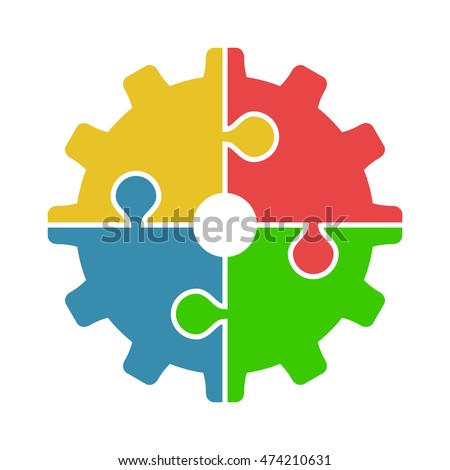 Four joined puzzle pieces of various colors forming cog isolated on white background. Teamwork, cooperation and industry concept. Flat design. Vector illustration. EPS 8, no transparency