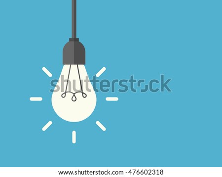 Bright shining lightbulb with rays hanging on wire, blue background. Energy, idea and insight concept. Flat design. Vector illustration. EPS 8, no transparency